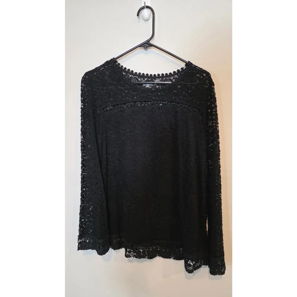 HANNAH Black Floral Lace Top M - Layered Sheer Boho Romantic Rose Blouse - Picture 2 of 5